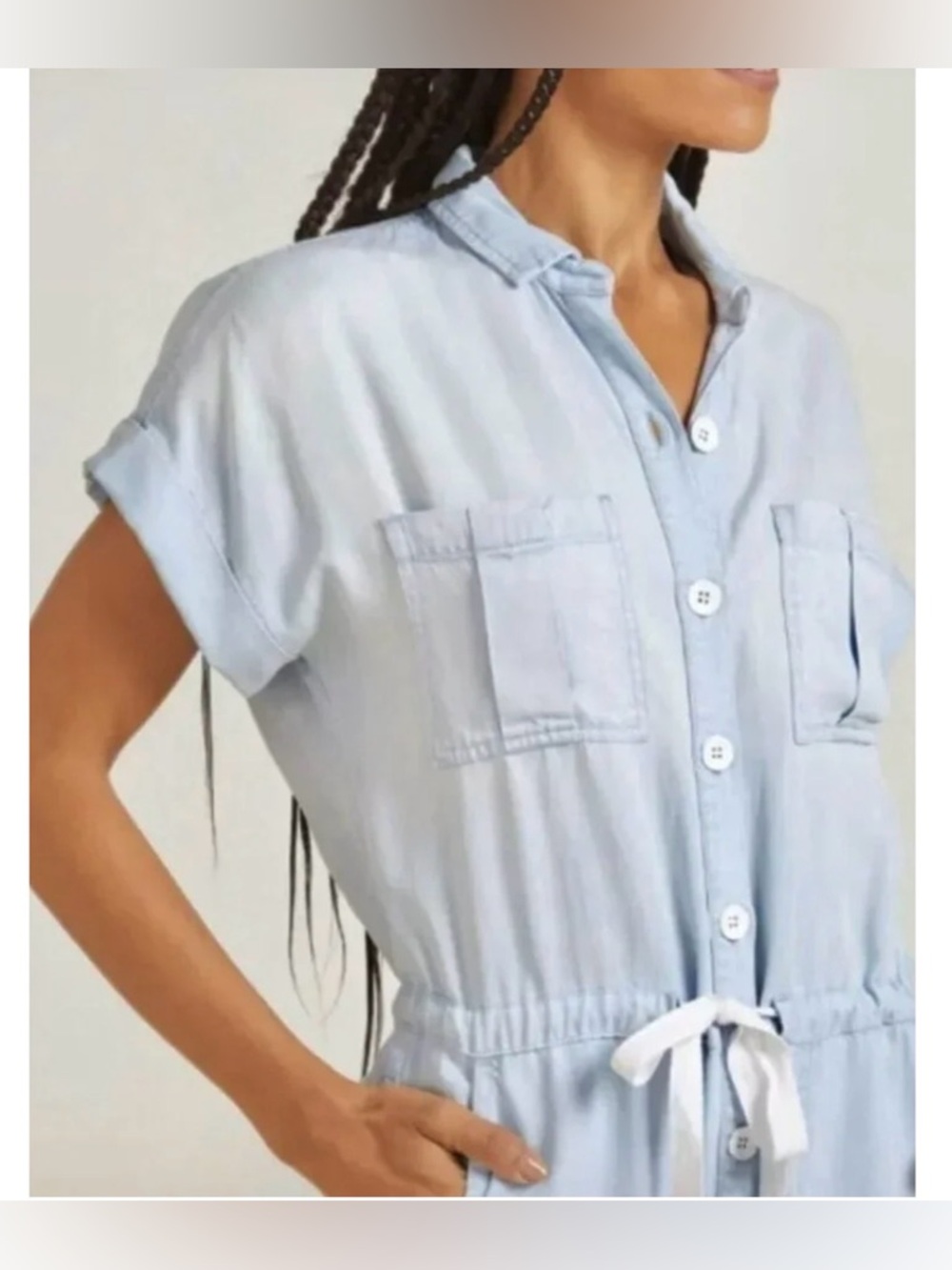 Cloth & Stone Anthropologie Sz S Relaxed Chambray Utility Romper Drawstring - Picture 3 of 10